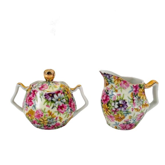 Vintage Nippon Yoko Boeki Cream And Sugar Dish Set Servers Pink Floral JAPAN - Picture 1 of 14